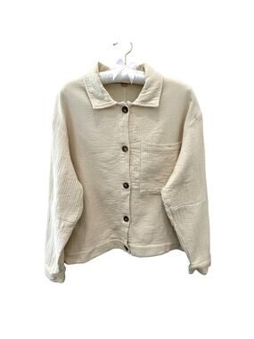 DOWNEAST Cream Boxy Button Front Jacket Textured Cotton Gauze | Medium